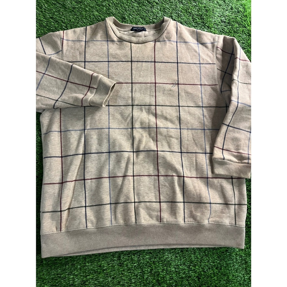 Nautica Sweatshirt Mens M Beige Check Fleece Crew Neck Pullover Kangaroo Pocket